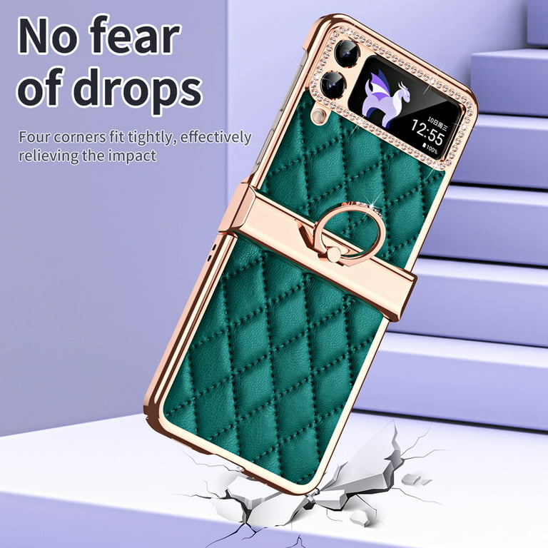 Dteck for Samsung Galaxy Z Flip 4 5G Case with Crossbody Chain Strap Cute  3D Handmade Sparkle Crystal Diamond Bling Glitter Ring Stand PU Leather  Hard PC Phone Case for Women Girls,Darkgreen 