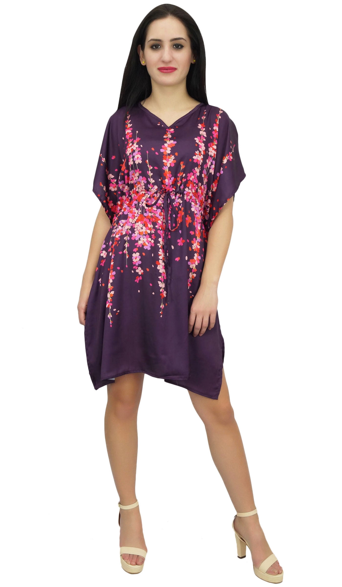 Bimba Women's Short Kaftan Beach Dress Satin Floral Bridesmaid Wine ...
