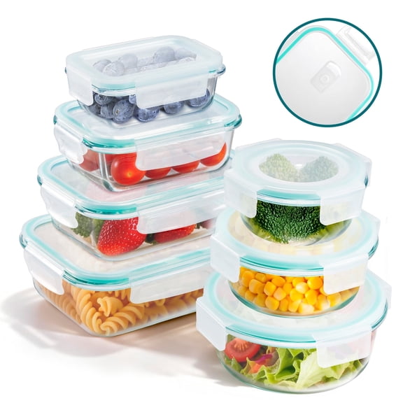 Vesteel 7 Pack Glass Food Storage Containers Set with Airtight Lid, Glass Meal Prep Containers with Vented Lid for Kitchen, BPA-Free Bento Lunch Box , Microwave, Freezer & Dishwasher Safe