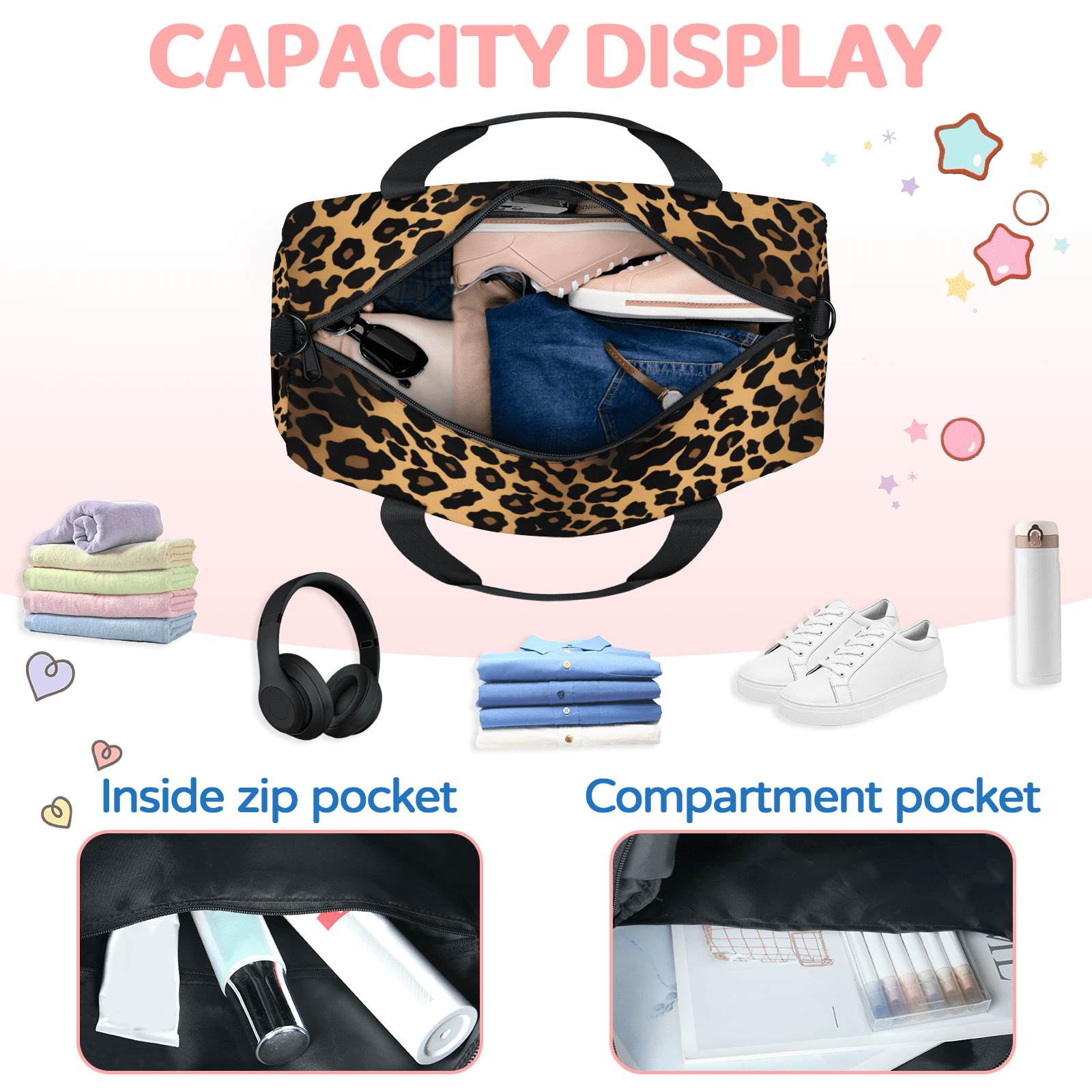 Herdesigns Leopard Cheetah Print Gym Bag for Women, Duffle Bag for Travel Sport, Lightweight Waterproof Carry on Weekender Overnight Dance Yoga Workout Bags