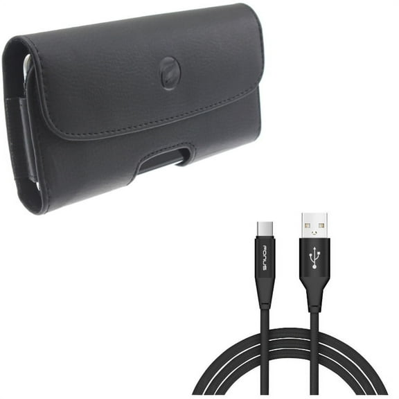 Black Horizontal Leather Case Side Cover Pouch w Braided Type-C USB Cable 10ft Long Wire Sync A6K for Alcatel 7 - Coolpad Legacy - Nokia 3.1 Plus - OnePlus 7 Pro - Samsung Galaxy S10 5G Note 9