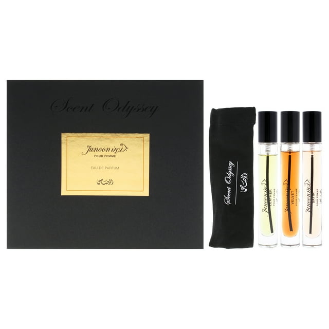 Scent Odyssey - Junoon de Rasasi para mujer - Mini juego de regalo de 3 piezas: Spray EDP Satin de 0,25 oz, Spray EDP Velvet de 0,25 oz, Spray EDP Leather de 0,25 oz