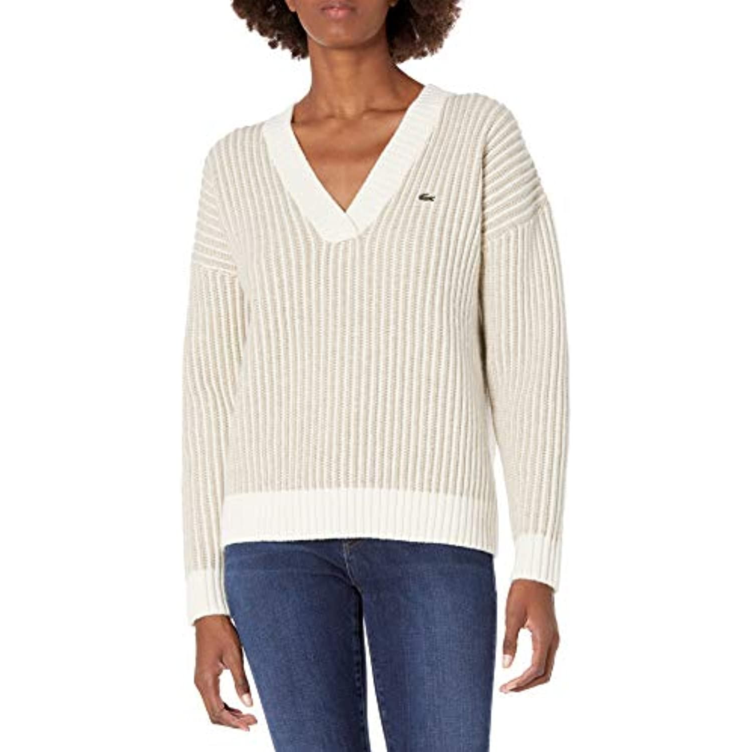 Lacoste Women's Long Sleeve 2x2 Stitch Wool V-Neck Sweater, Viennois/Farine F, X-Large - Walmart.com