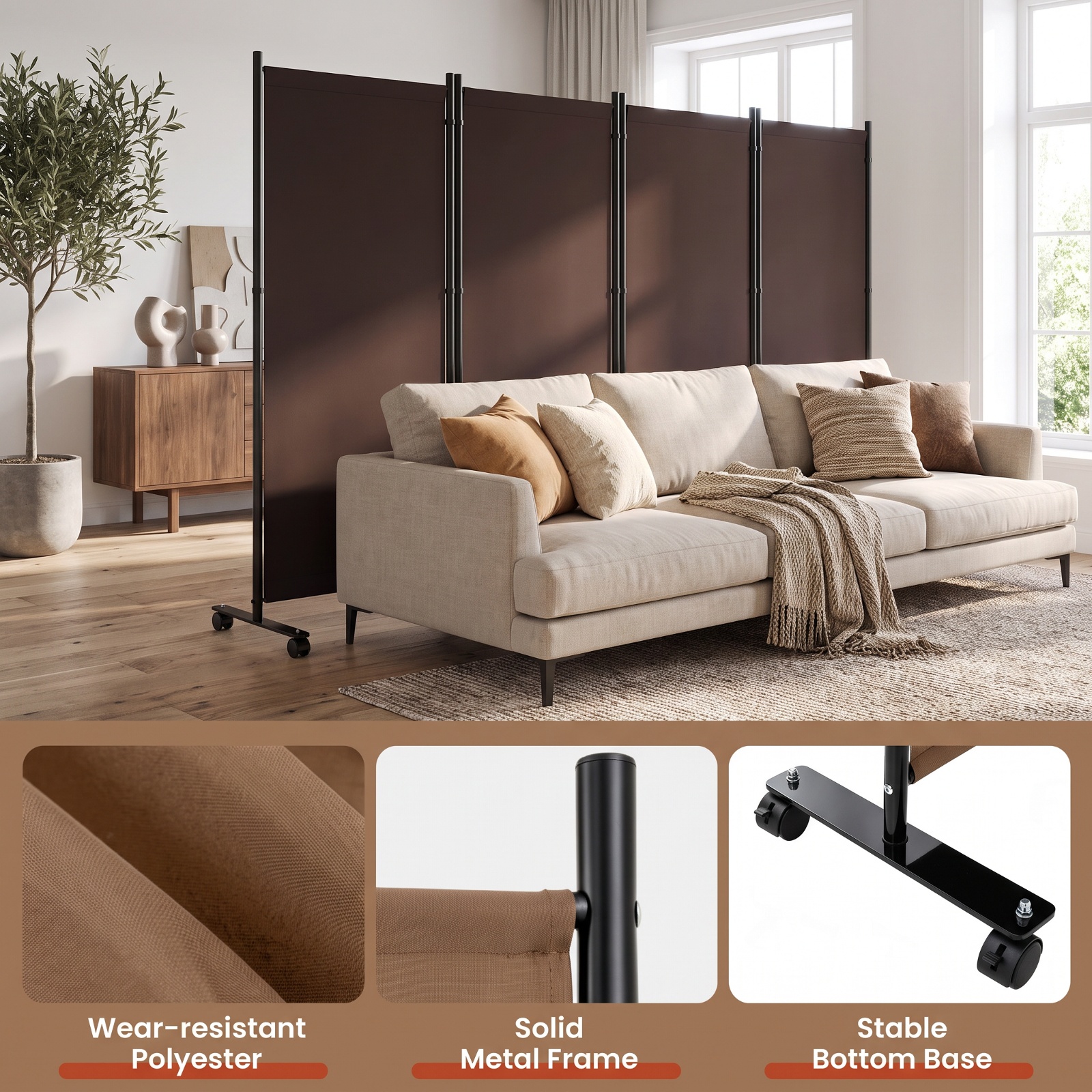 Vebreda 6-Panel Rolling Room Divider Folding Privacy Screen with Lockable Wheels, Freestanding Fabric Partition for Bedroom Office Studio, Coffee
