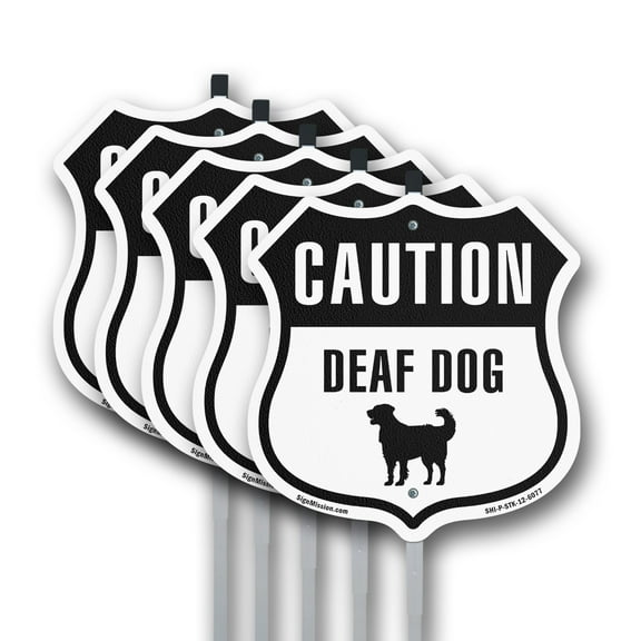 Caution Deaf Dog (5 Pack) 12 inch X 12 inch Shield Shaped Commercial Grade Plastic Signs with Aluminum Mounting Stakes Weather Resistant Made in the USA