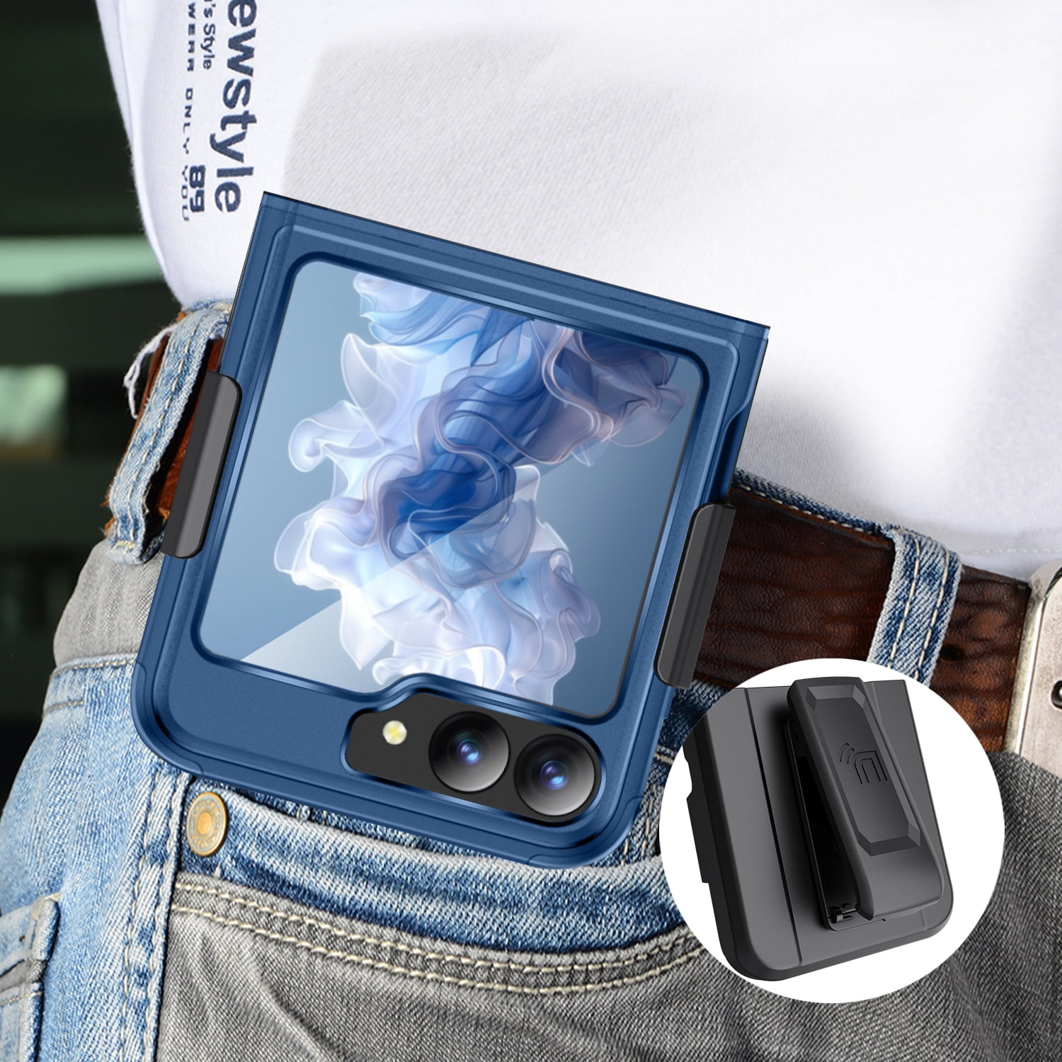 Rizz Case and Belt Clip Combo for Samsung Galaxy Z Flip 6 Phone, Nakedcellphone Rugged Hybrid Cover [with Hidden Hinge Panel Protection] and Rotating Holster Holder for Z Flip6  - Navy Blue