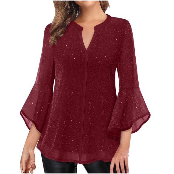 Summer Akafmk Summer 3/4 Sleeve Shirts for Womens Chiffon Ruffle Bell Sleeve Dressy Top,Solid Sparkling Bronzing Blouses Elegant Holiday Party Gathering Casual Loose Mesh Layered Flowy Tunic