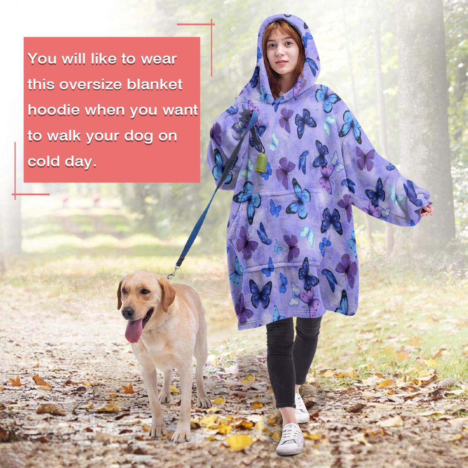 Purple Butterfly Pattern Wearable Oversized Blanket,Wearable Blanket Hoodie for Adults,Cozy Hooded Blankets with Super Pockets,Super Warm Fuzzy Pullover for Women & Men