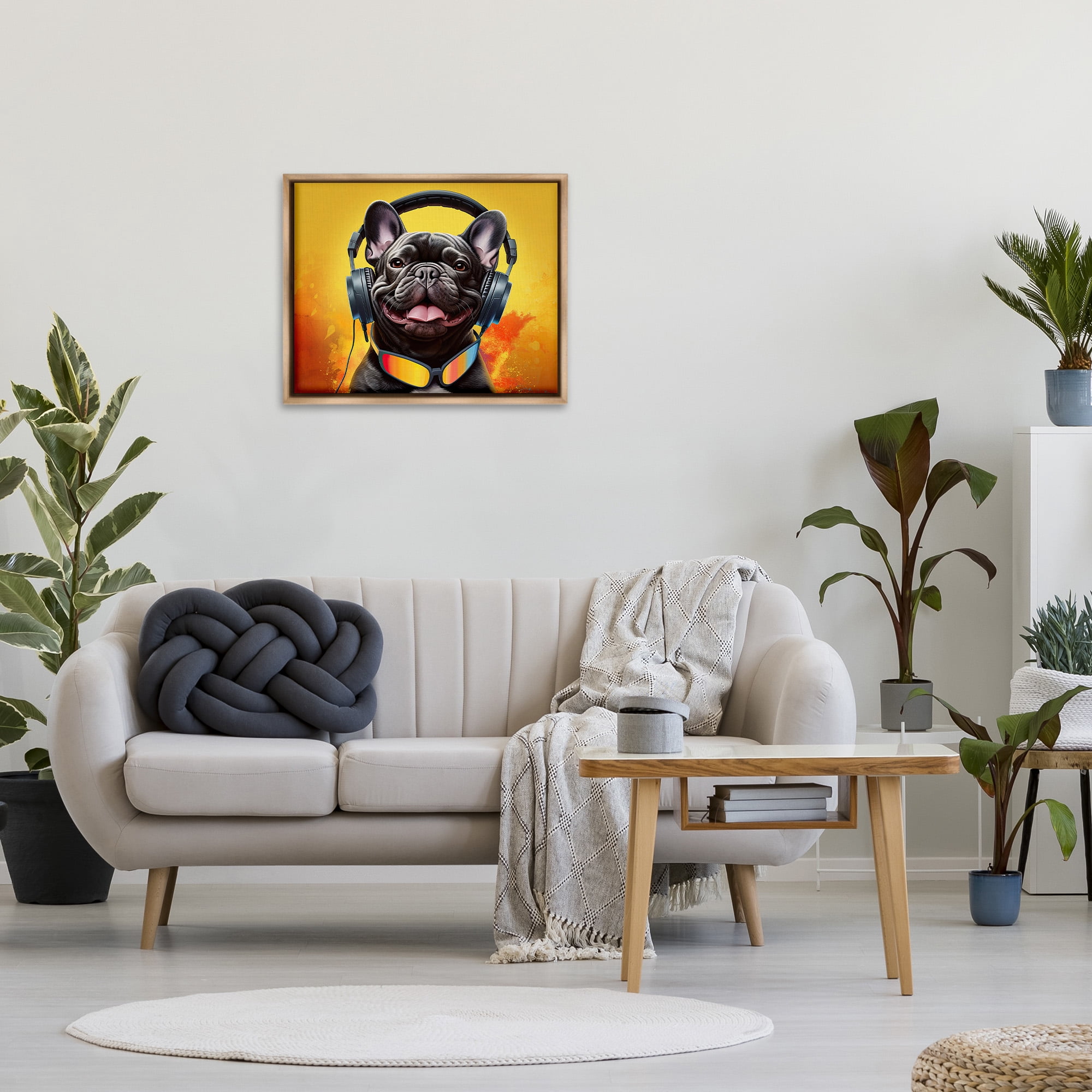 Stupell Industries Modern Dog with Headphones Animals & Insects Painting Brown Floater Framed Canvas Art Print Wall Art, 31 x 25
