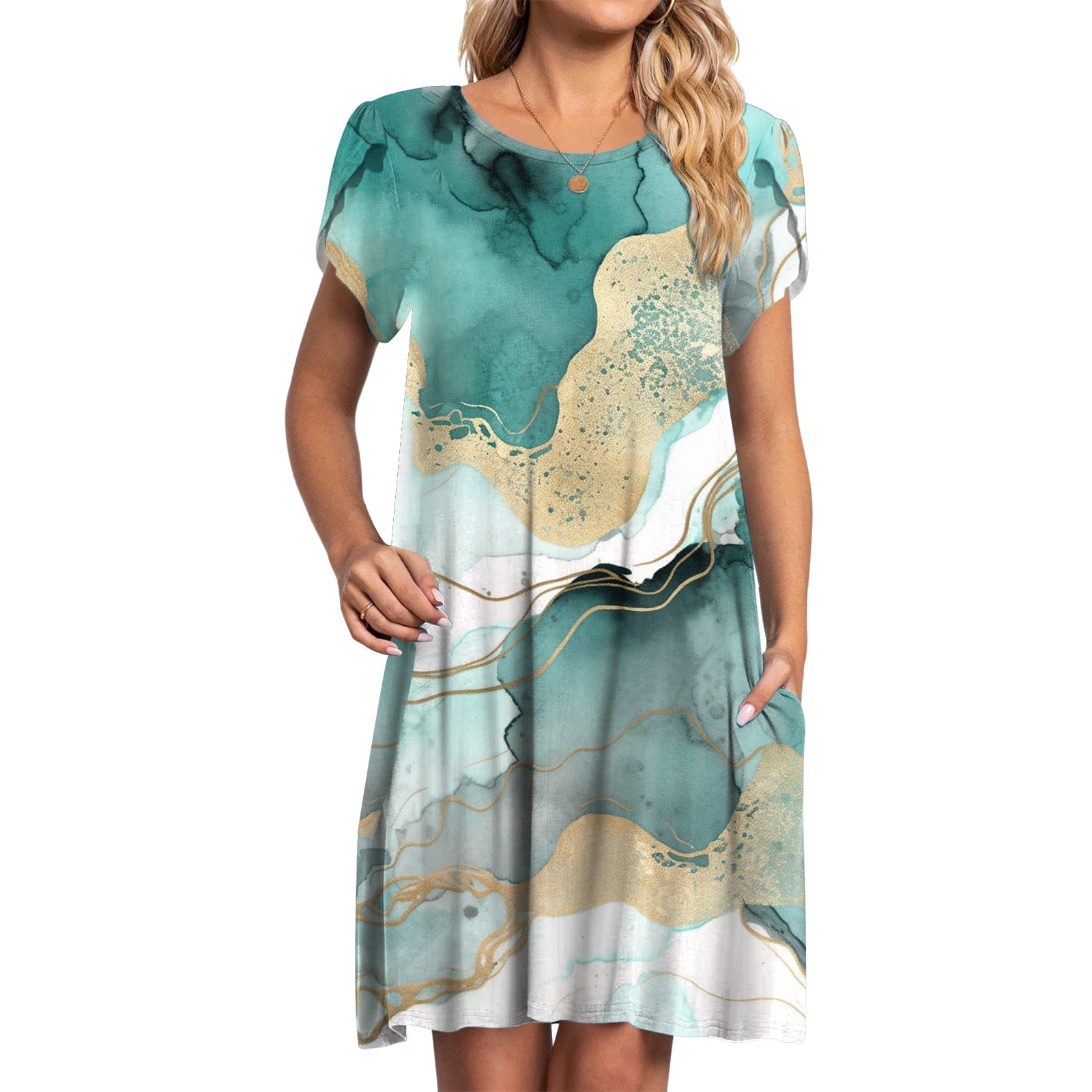 Kayannuo Dresses for Women Round Neck Short Sleeve Print Midi Ladies
