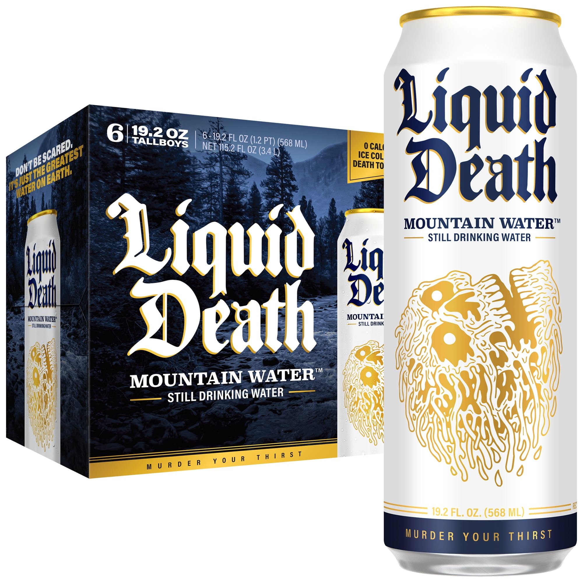Liquid Death Still Mountain Water, Real Mountain Source, Ice-Cold Cans, Infinitely Recyclable, King Size 19.2 Fl Oz (Pack of 6)