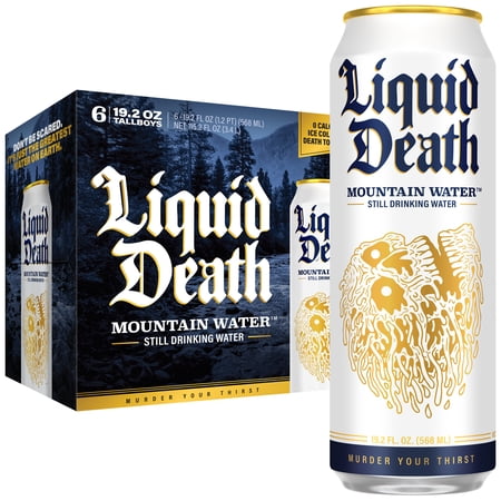 Liquid Death Still Mountain Water, Real Mountain Source, Ice-Cold Cans, Infinitely Recyclable, King Size 19.2 Fl Oz (Pack of 6)