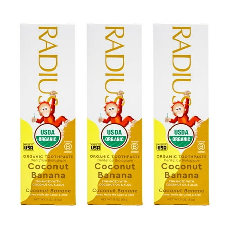 RADIUS USDA Organic Kids Toothpaste 3oz Non Toxic Chemical-Free Gluten-Free Designed to Improve Gum Health for Children's 6 Months and Up - Coconut Banana - Pack of 3