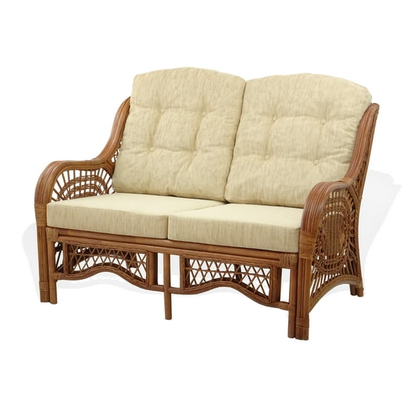 Malibu Lounge Loveseat Sofa ECO Natural Rattan Wicker Handmade Design w/Cream Cushions, Colonial