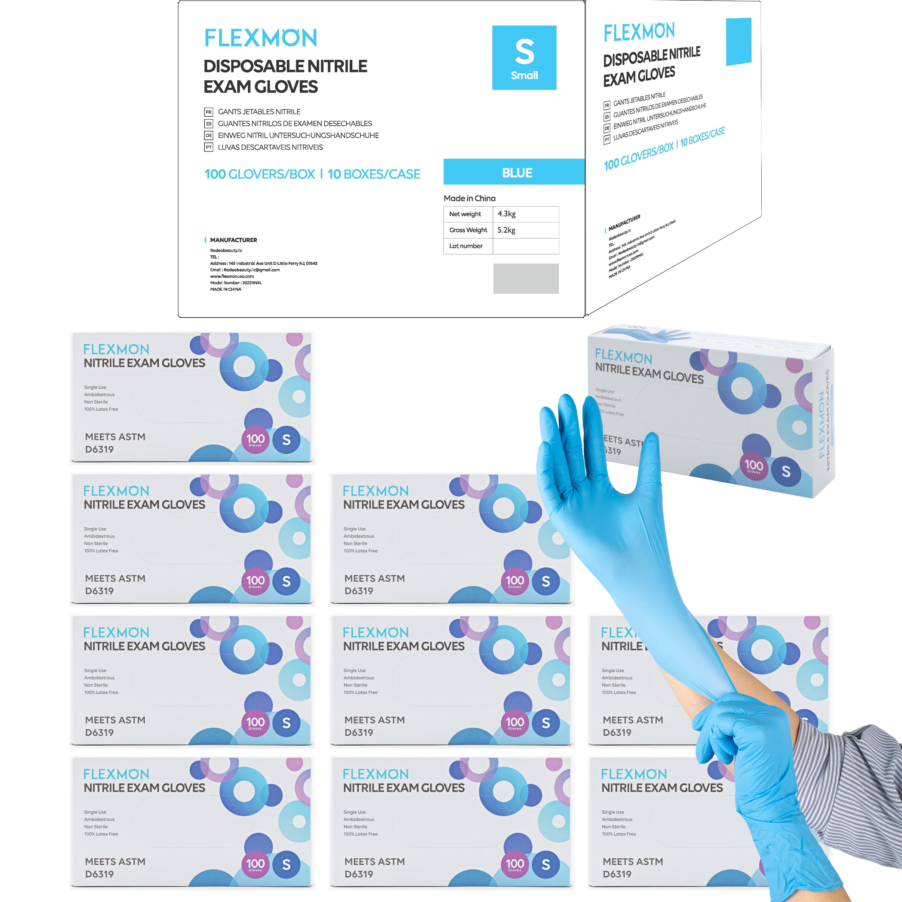 Nitrile Exam and Medical Disposable Gloves, 4.2 Mil, Small 1000/Box by FLEXMON