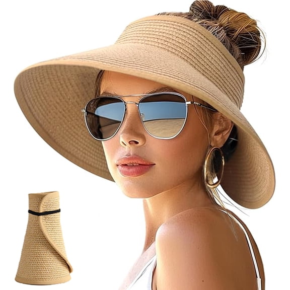 Sun Hats for Women Wide Brim Roll-Up Beach Ponytail Hat Packable Foldable Travel Straw Visor