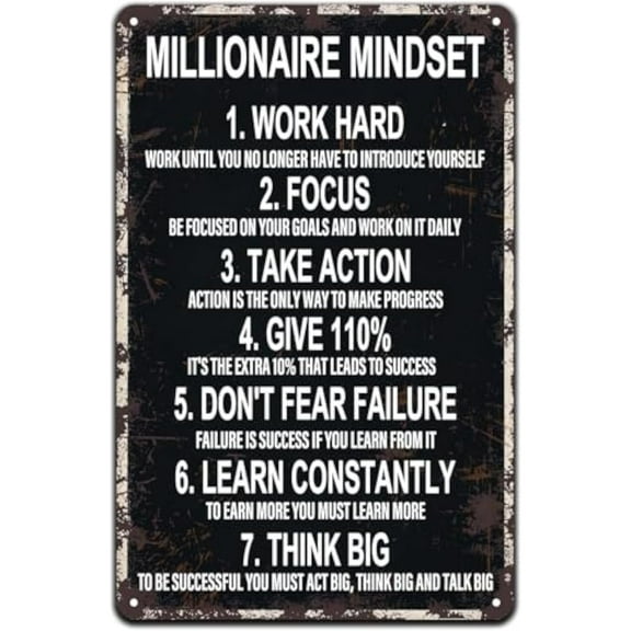 Retro Decor Tin Signs,"Millionaire - Mindset Inspirational Sign",for garage,bar,restaurant,living room,bedroom,kitchen,cafe,bar,8×12inch