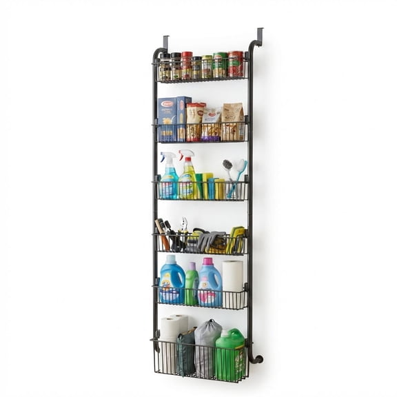 Over Door Pantry Organizer Rack 6-Tier Metal Hanging Storage with 5 Small 1 Large Shelves, Heavy Duty Spice Rack for Kitchen Laundry Room Door Black