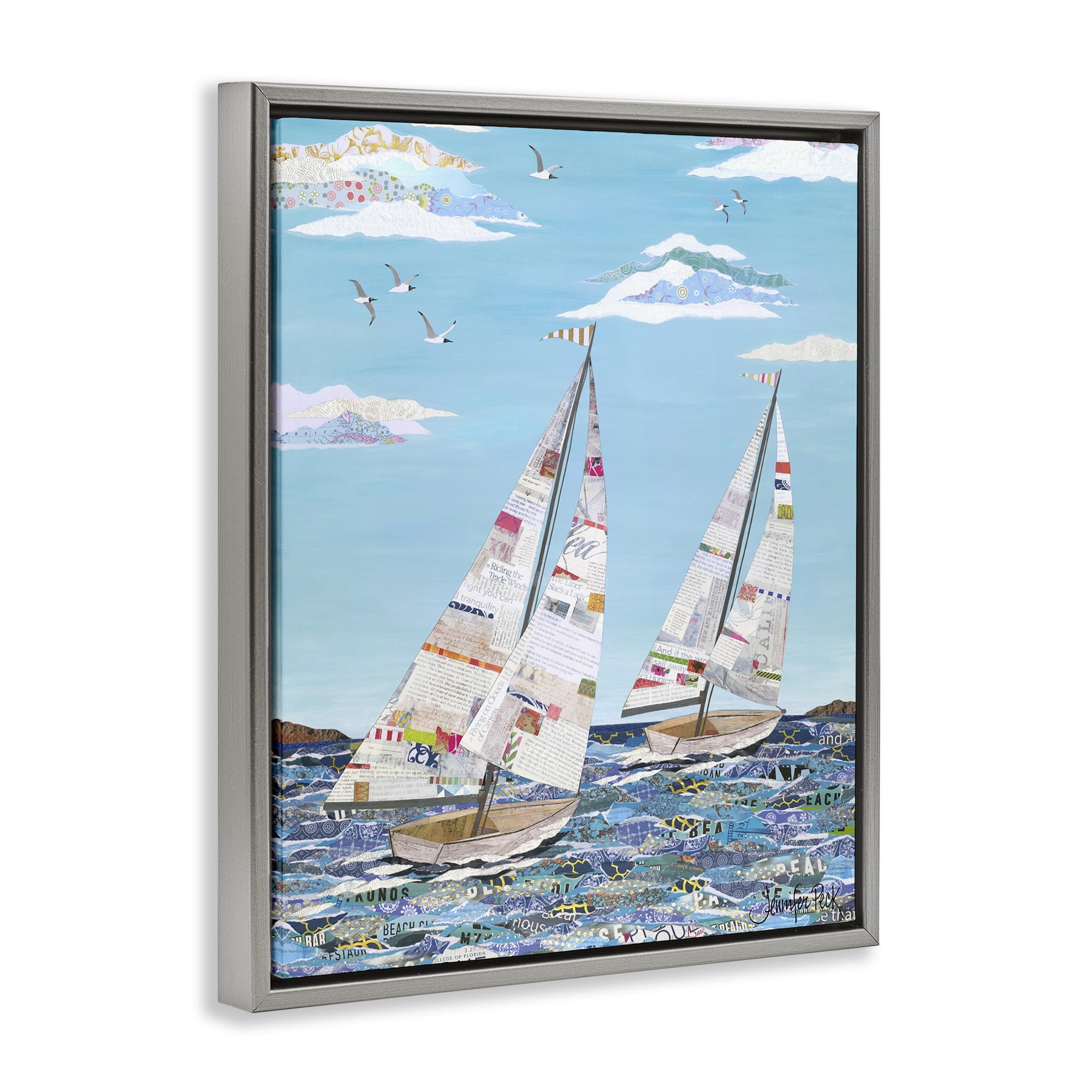 Stupell Industries Collaged Sailboat Pair Transportation Painting Gray Floater Framed Canvas Art Print Wall Art, 17 x 21