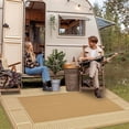 thumbnail image 2 of Waterproof Reversible Outdoor Rug 9x18ft–Modern Striped Edge Plastic Straw Mat, Easy to Clean, Lightweight & Collapsible Carpet for Patio, Deck, Backyard, Camping, RV, Balcony, Beach–Brown Coffee, 2 of 8