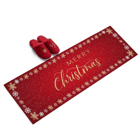 Merry Christmas Washable Area Rug 2 x 6 ft Minimalist White Gold Snowflake Border Red Soft Non‑Slip Rugs Stain Repellent Indoor Mats for Long Hallway, Kitchen Runner, Corridor Laundry