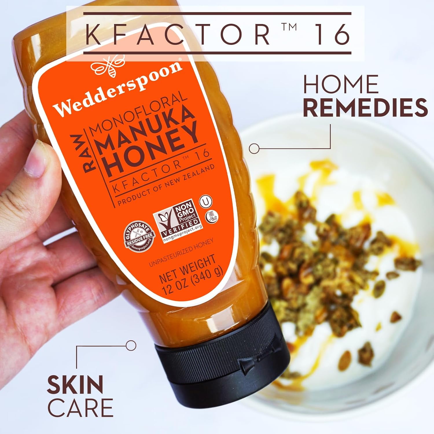 Wedderspoon Raw Unpasteurized New Zealand Manuka Honey, 150+ MGO, 12 oz