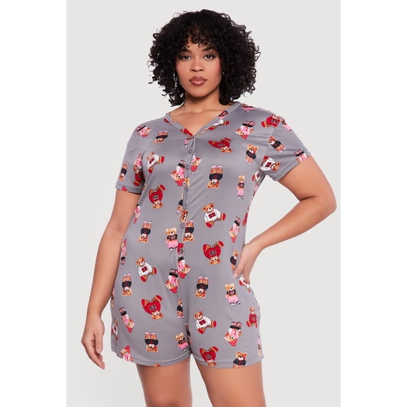 Women's Plus Size Teddy Bear Print Pajama Romper