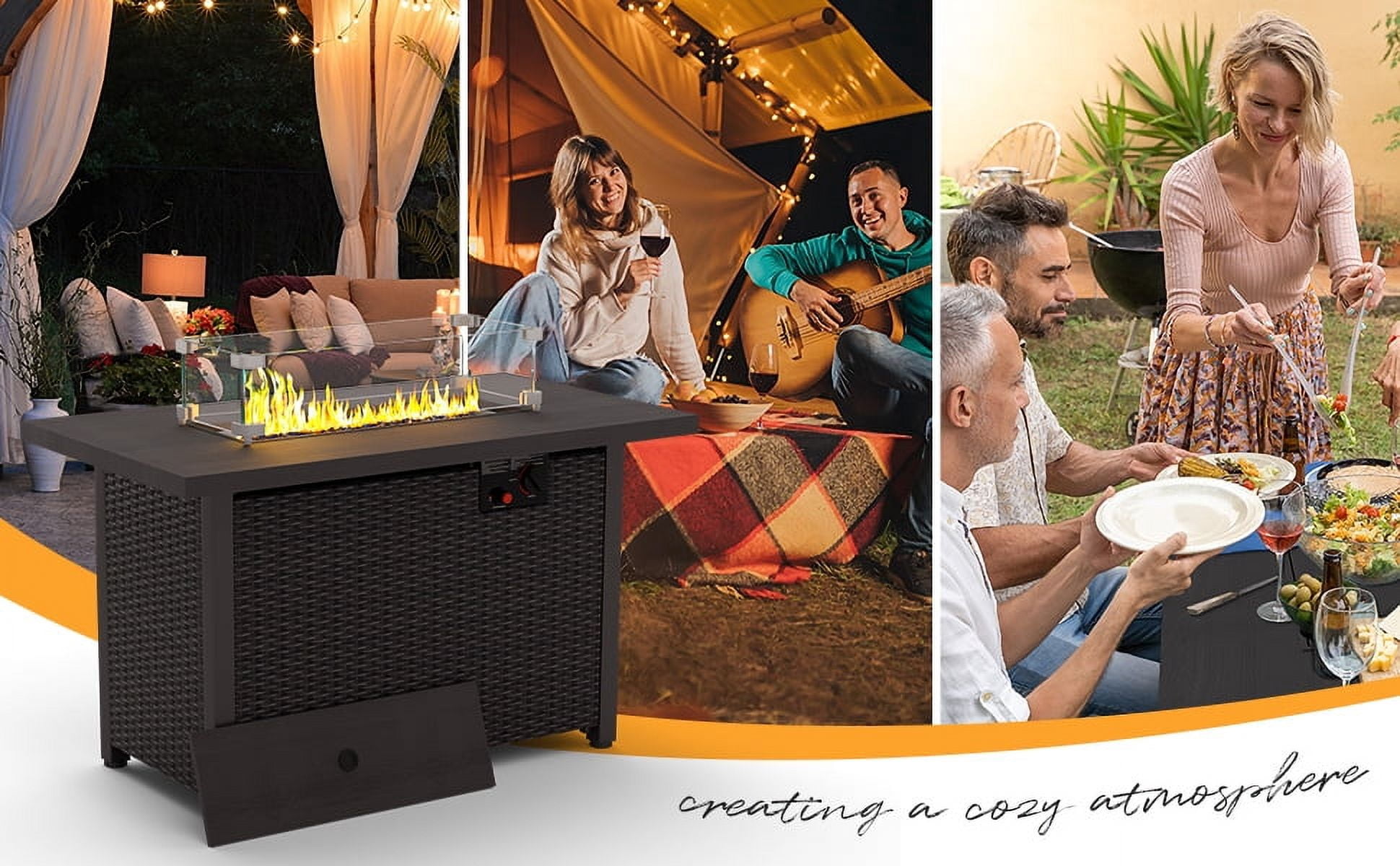 GOJOOASIS 42” Fire Pit Table, Propane Fire Pit with Metal Tabletop Auto-Ignition Outdoor Rattan Fire Pit with Glass Wind Guard & Waterproof Cover