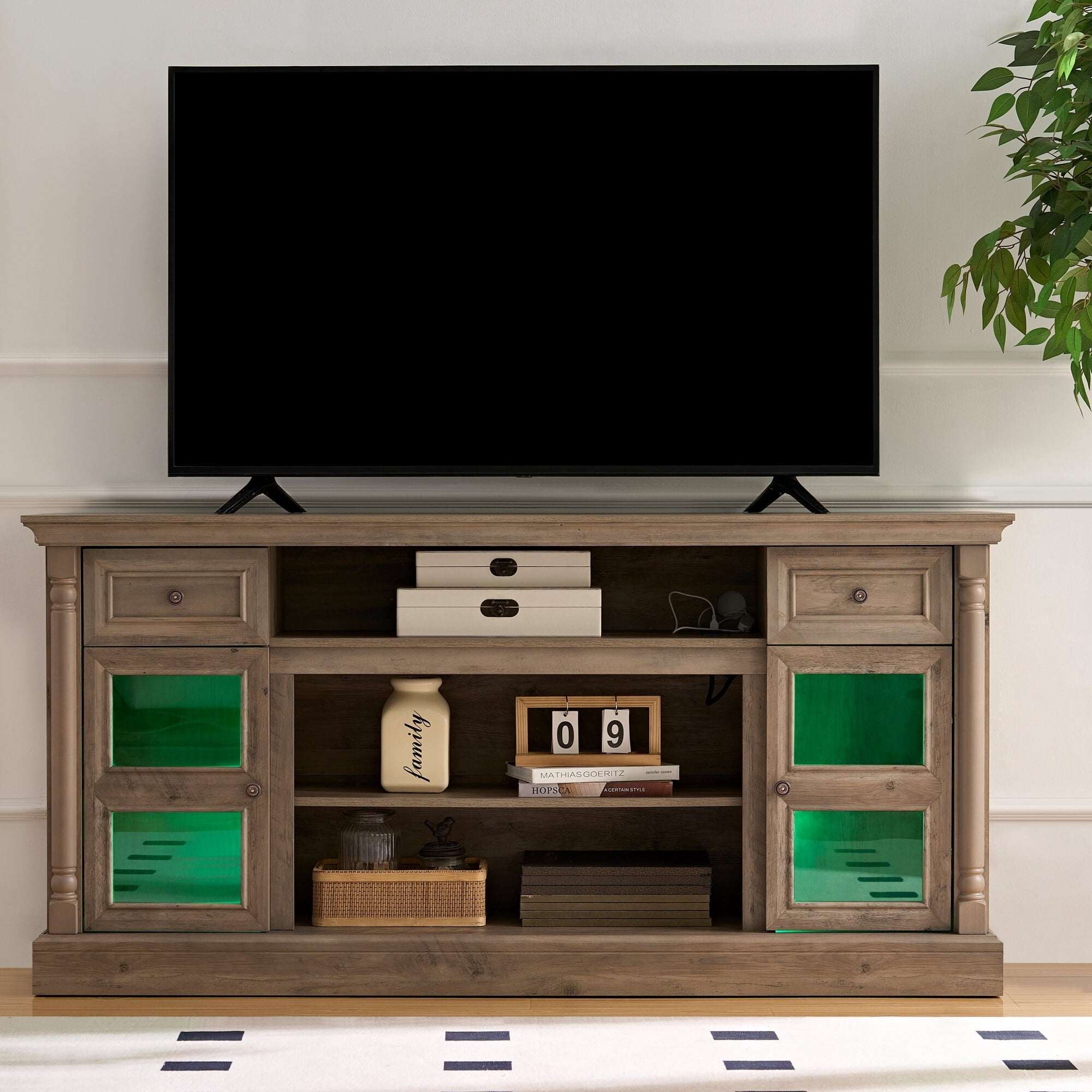 AENKYO 66" Farmhouse TV Stand with RGB LED Lights, Adjustable Shelves & Glass Doors for TVs up to 70in, Walnut