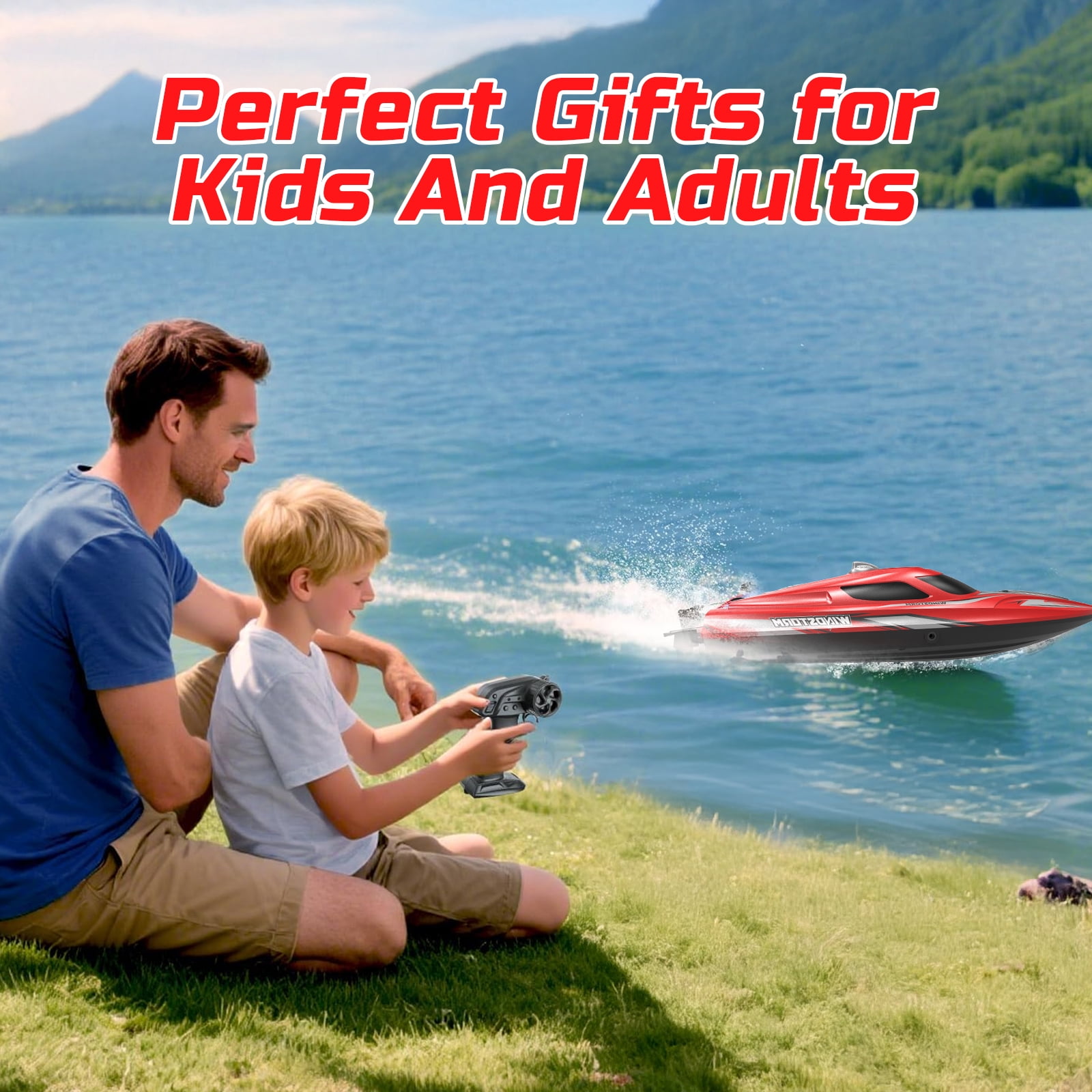 JoyStone 20+ mph RC Boat for Pool & Lakes, 14 inch Remote Control Boat with LED Lights, 2 Batteries 40Mins, Pool Toys for Adults & Kids (Red)