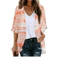 thumbnail image 2 of ibuvkizy Cardigan for Women Summer Floral Print Puff Sleeve Cardigan Tops Loose Cover Up Casual Blouse Jacket Coat Orange, 2 of 5