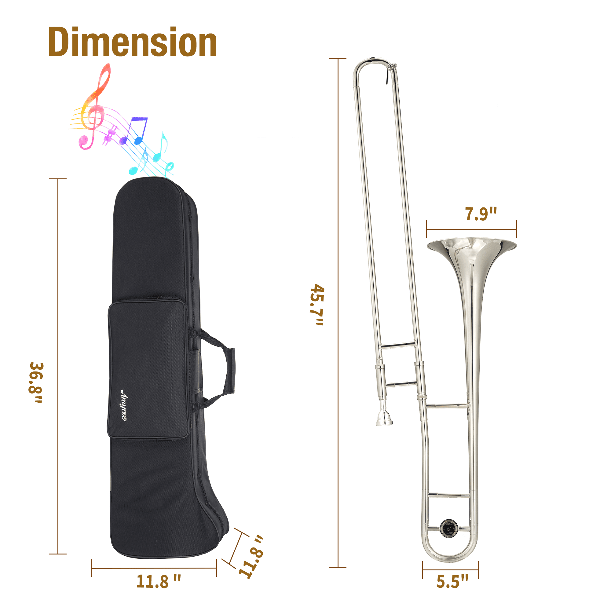 Bb Tenor Slide Trombone, B Flat Brass Plated Trombone Instrument for Students with Tuner, Music Book, Hard Case, Mouthpiece, Cleaning Kit & Gloves (Nickel-Plated)