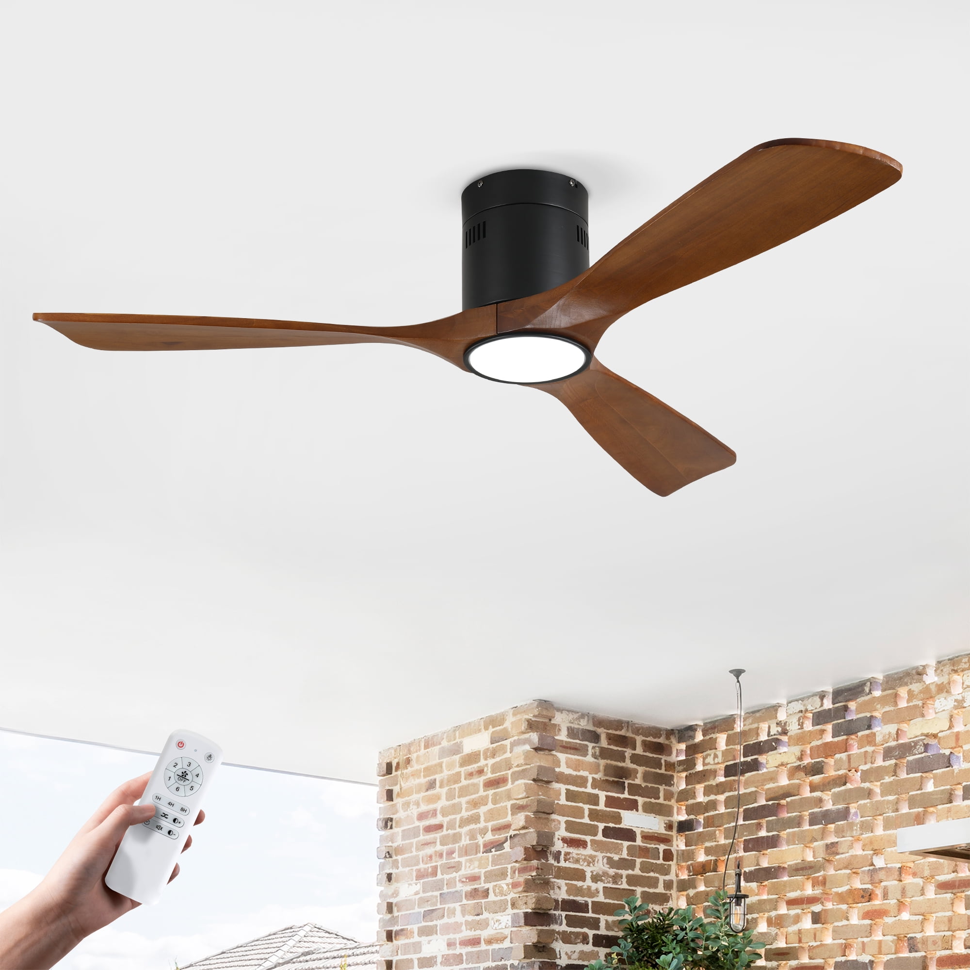Ceiling Fan with Light, 52 Inch Solid Wood Blade Remote Fan for Home Living Indoor Area, Matte Black Wood