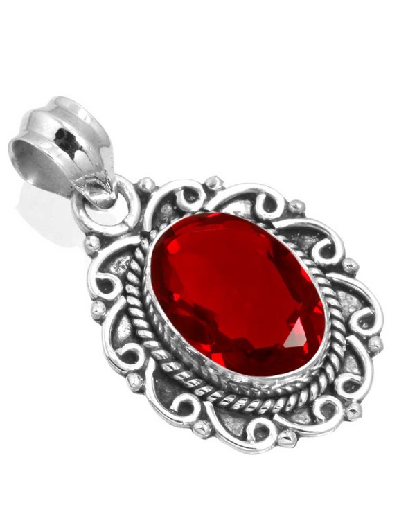 925 Sterling Silver Pendant For Necklace For Women Red Ruby Simulated Gemstone Silver Pendant July Birthstone Handmade Silver Pendant Mothers' Day Gift For Ladies 925 Silver Gemstone Jewelry