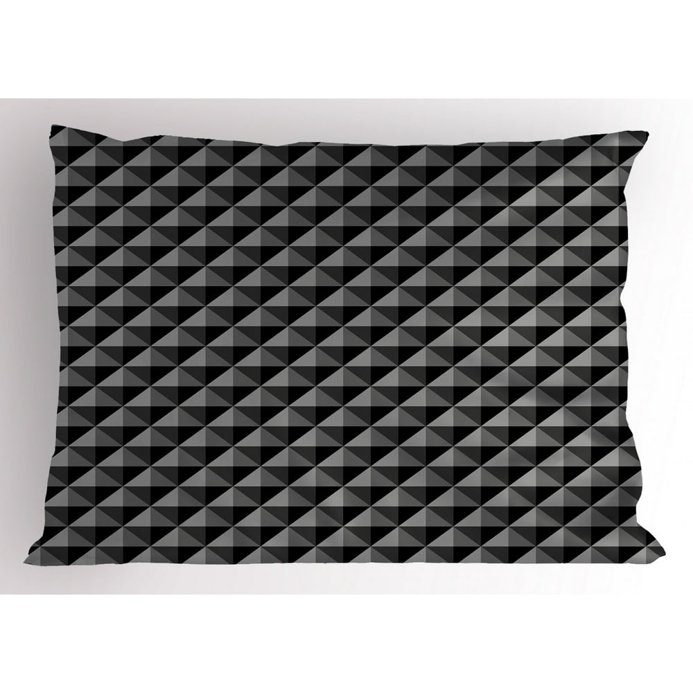 Dark Grey Pillow Sham Abstract Monochromatic Pattern with Triangles