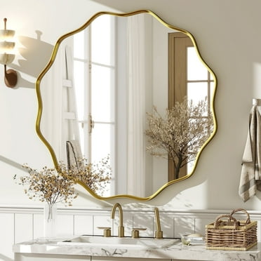 BEAUTYPEAK 36" Wavy Round Bathroom Mirror Wall Decor with Deep Frame, Black