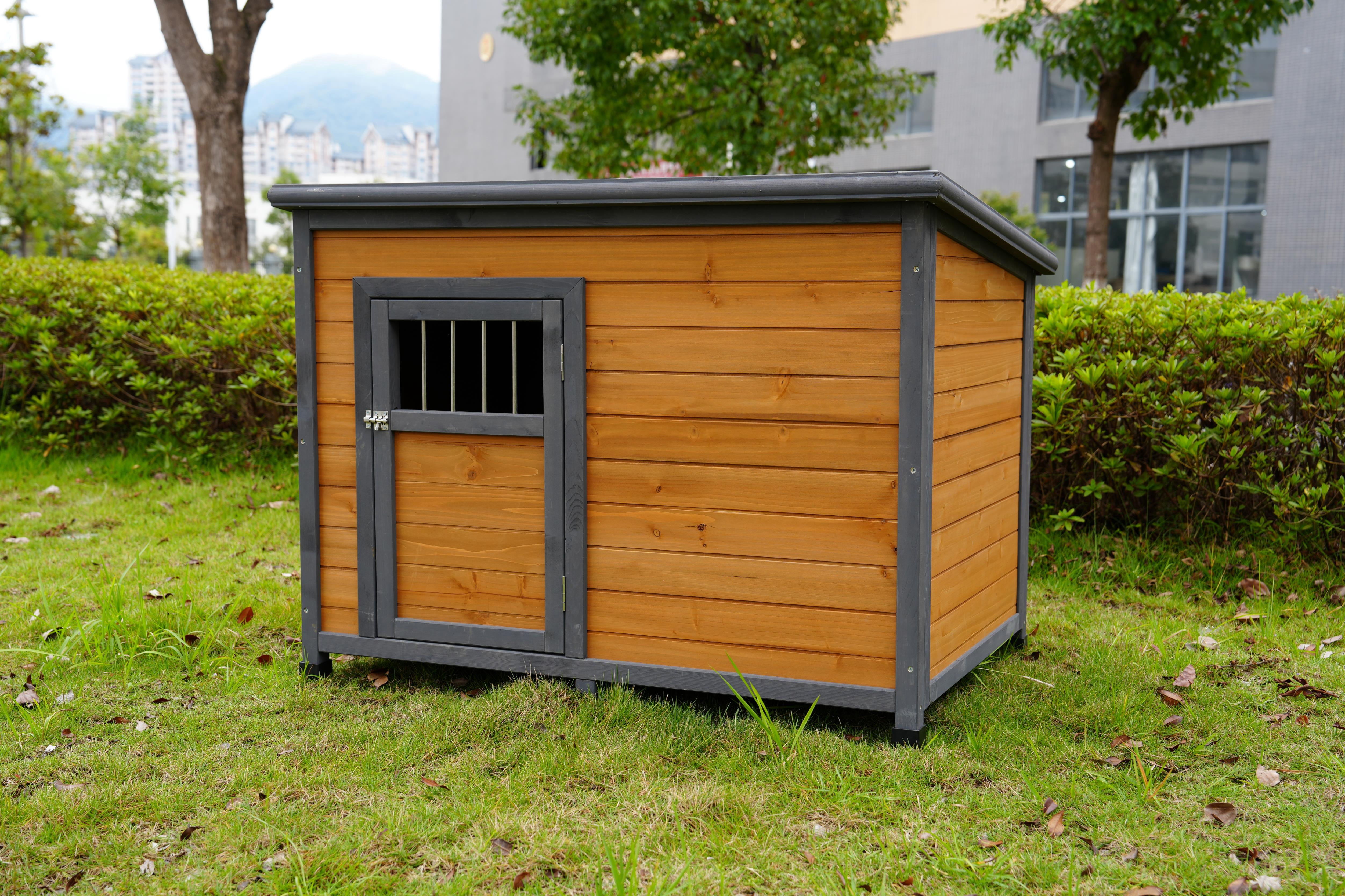 45" Large Solid Wood Dog House, Waterproof Pvc Plastic Roof, Breathable Wooden Doors