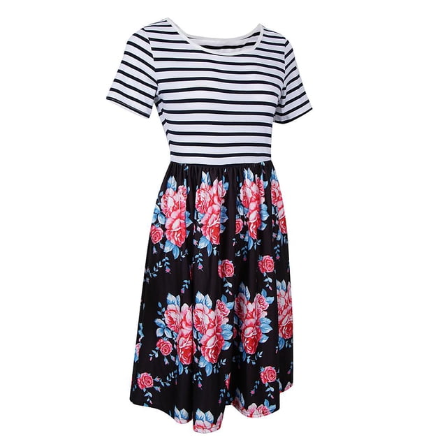 Vestido A Rayas Manga Corta Diseño Cuadros Estampado Floral Bolsillos Mujer Regalo Apariencia Atractiva L Zulema Vestido a rayas con estampado floral