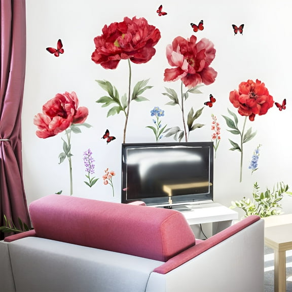 LAMIRO Teen Girl Room Decor Red Floral Wall Stickers Decorative Living Room Bedroom Background Wall Stickers Office Decor for Women