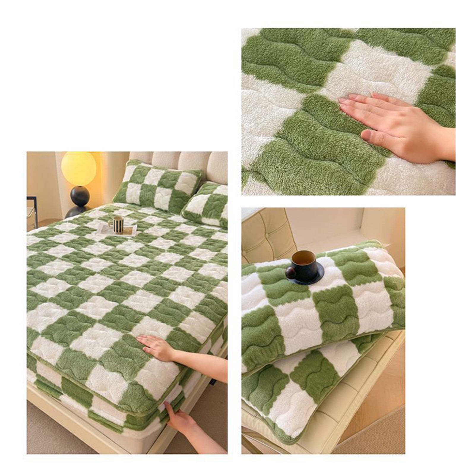 Quilted Fitted Sheet Winter Warm, Checkerboard Pattern Mattress Protector – Breathable Non-Slip Pocket Design, Soft Polyester Bed Cover for Care Bed, Home or Guest Room