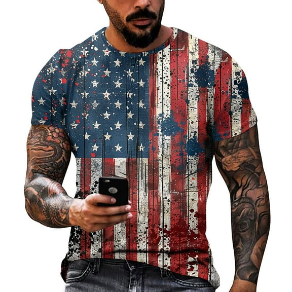 Yiaimeir Independence Day Men's T-shirt Printed Casual Round Neck Short Sleeved T-shirt