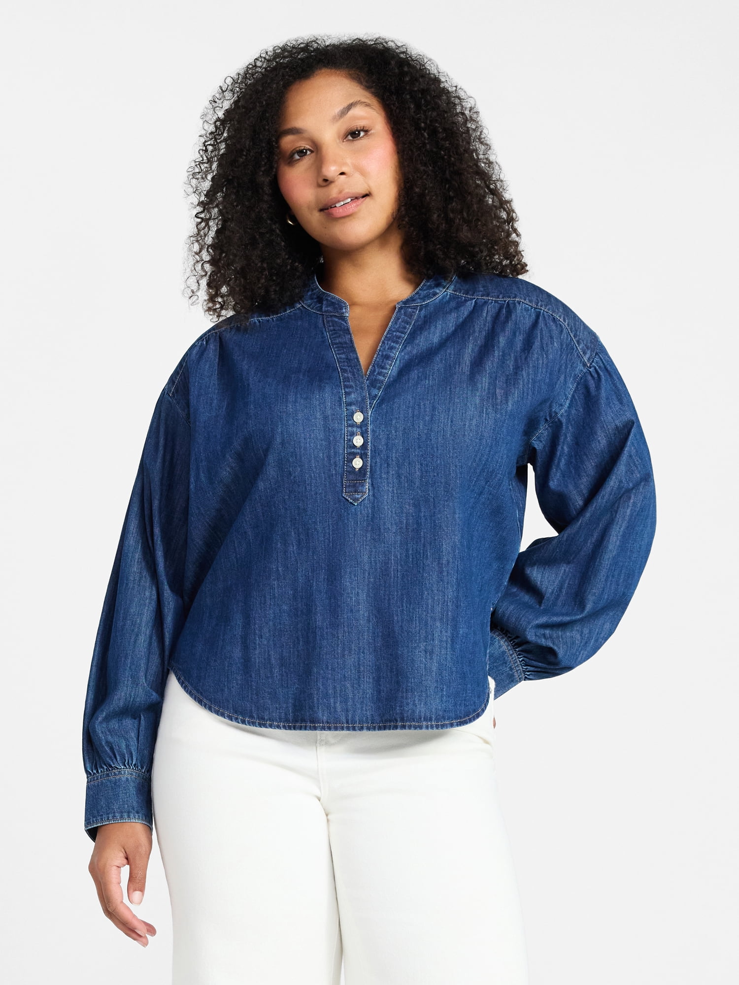 Time and Tru Women's Popover Denim Top with Long Sleeves, Sizes XS-XXXL