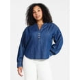 thumbnail image 2 of Time and Tru Women's Popover Denim Top with Long Sleeves, Sizes XS-XXXL, 2 of 6