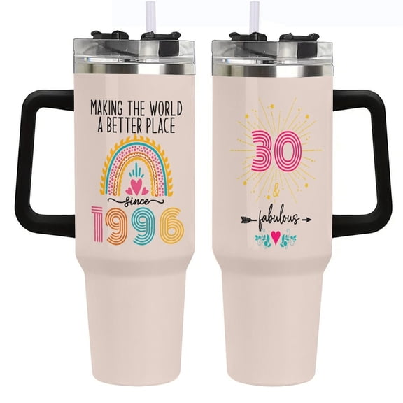 30th Birthday Gifts for Women, 1996 Birthday Gifts For Turning 30 Years Old Woman, 30th Birthday Decorations Ideas, 30 And Fabulous Gifts for Her, 40oz Tumbler Cup with Handle And Straw Li