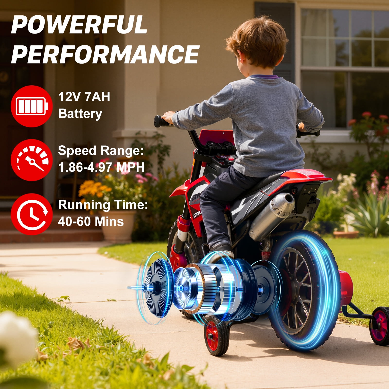 Mukidy 12V Electric Motorcycle for Kids Dirt Bike Ride on Toy Battery Powered Off-Road Motorbike w/ Training Wheels, Age 3-8 Year Old, Red