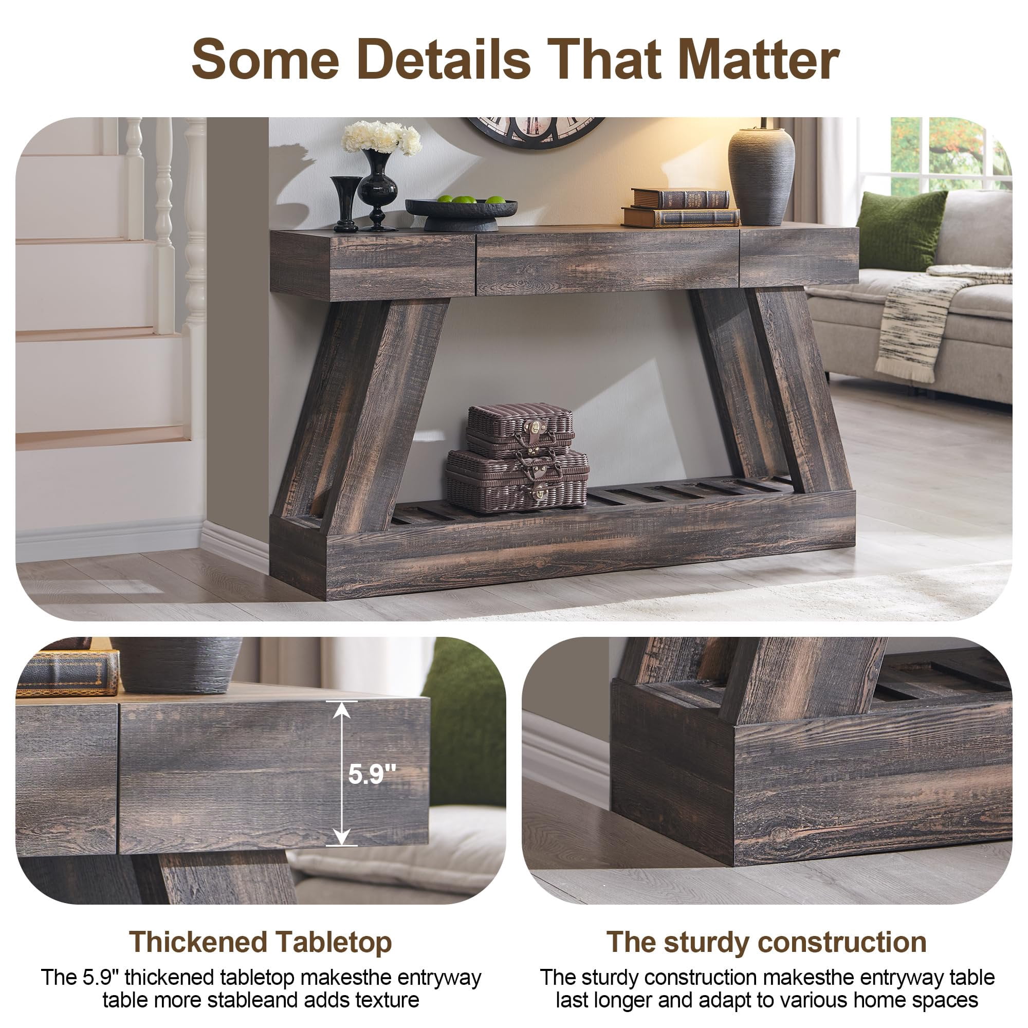 OKD 60" Wood Console Table, Farmhouse 2-Tier Sofa Table Entryway Table with Drawer & Heavy Duty Base for Entrance, Hallway, Living Room - Dark Rustic Oak