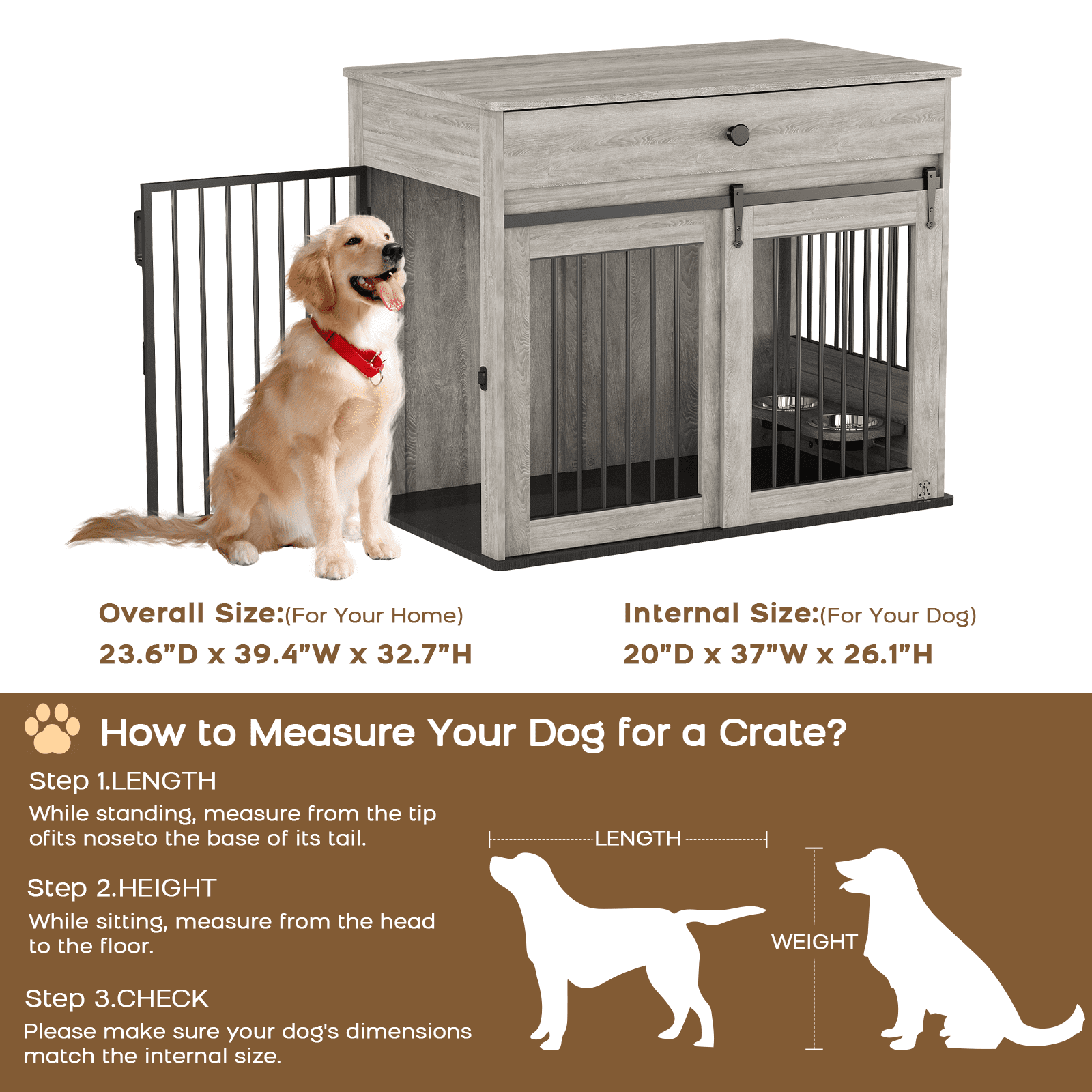 WHIFEA Modern Wooden Dog Crate Furniture with Sliding Barn Door & Side Access, Rotating Feeder Kennel for Medium-Large Dogs, Farmhouse Style, Grey