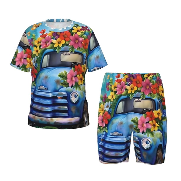 Balery Floral Truck Welcome Conjunto de Pijama Infantil de Manga Corta con Estampado – Ropa de Dormir de Algodón Suave-Large