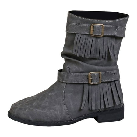 

Women s Wide Width Fringe Boots Belt Tassel Solid Buckle Casual Boots Short Boots