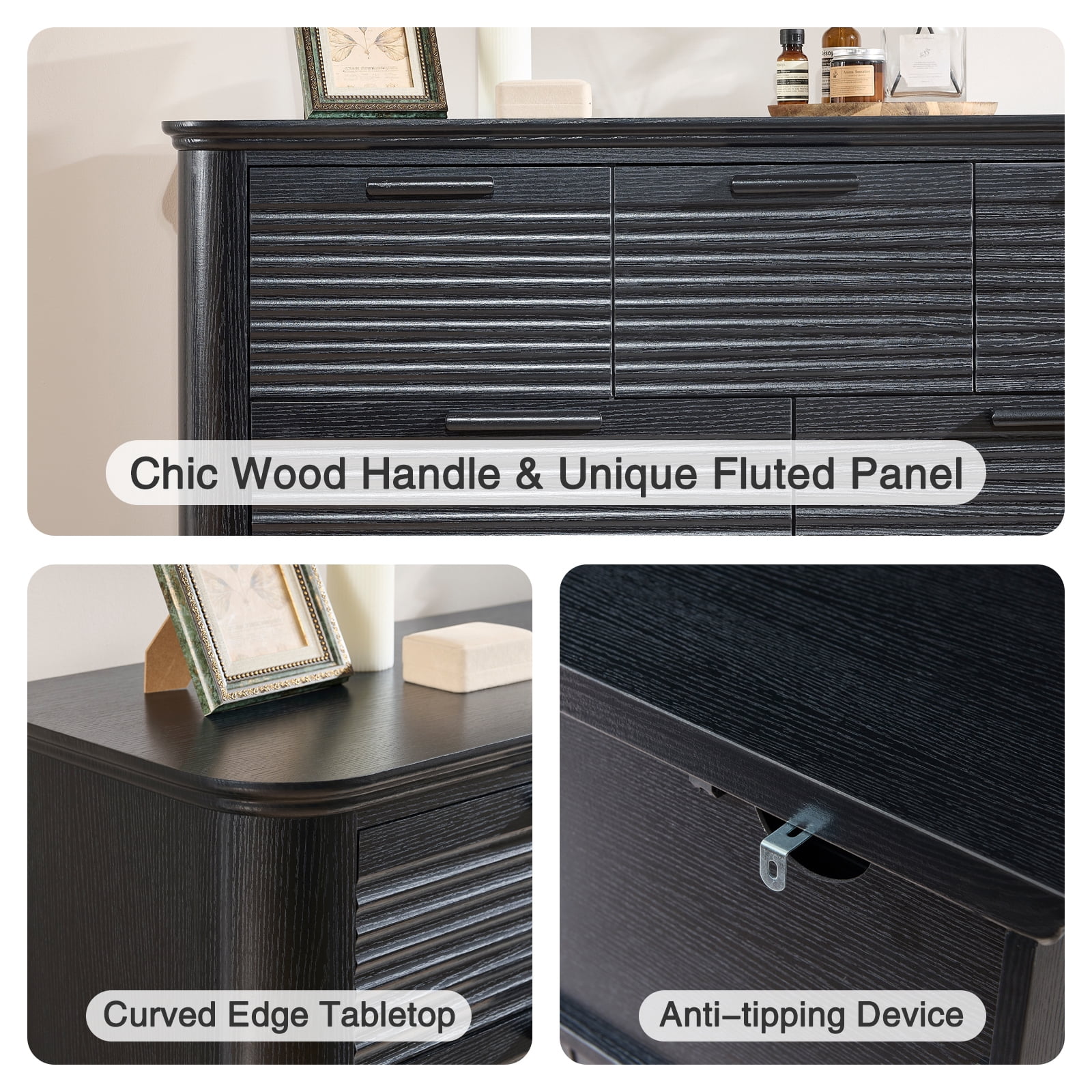 Hommoo Modern Wood Fluted 7 Drawer Dresser, 52" Wide Dresser Chest of Drawers with Curved Profile Design, Multifuctional Storage Organizer for Home, Black